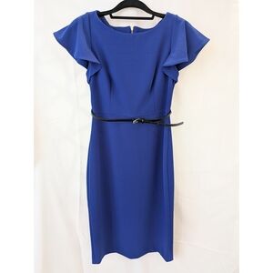 Calvin Klein Blue Sheath Dress with Ruffled Cap Sleeves